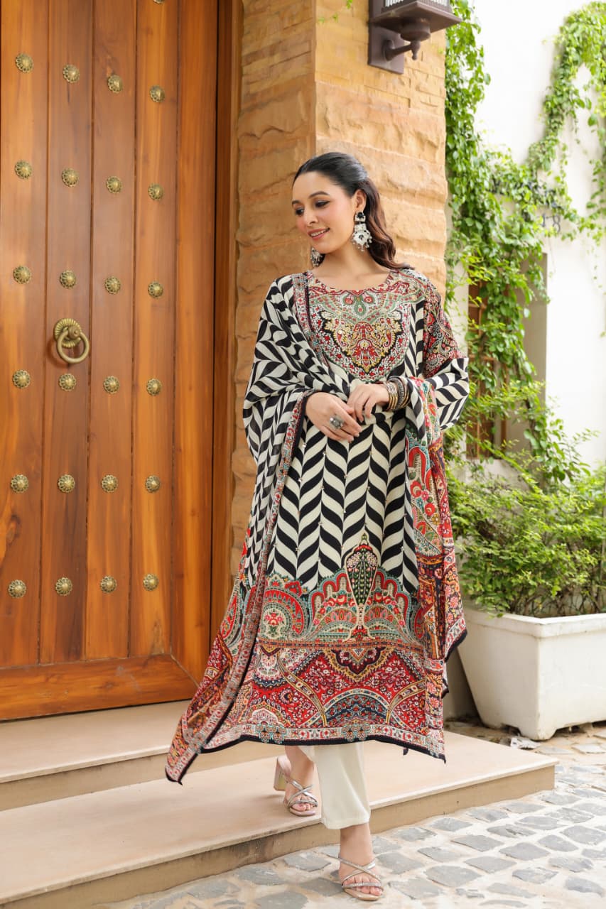 Black Gomertical print crepe kurta pants with chiffon Dupatta
