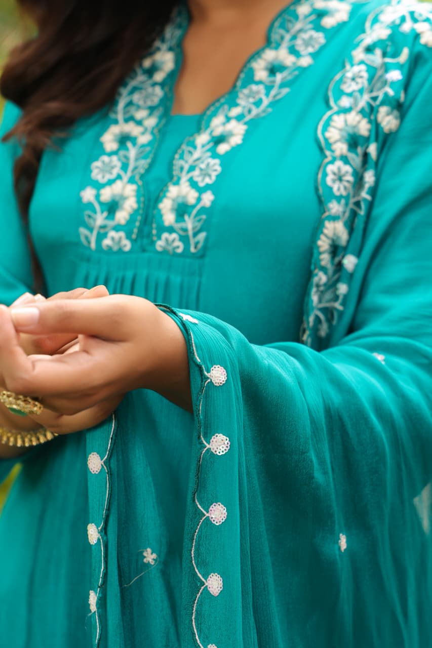 Blue Pure chinon Aline suit with pearl handwork
