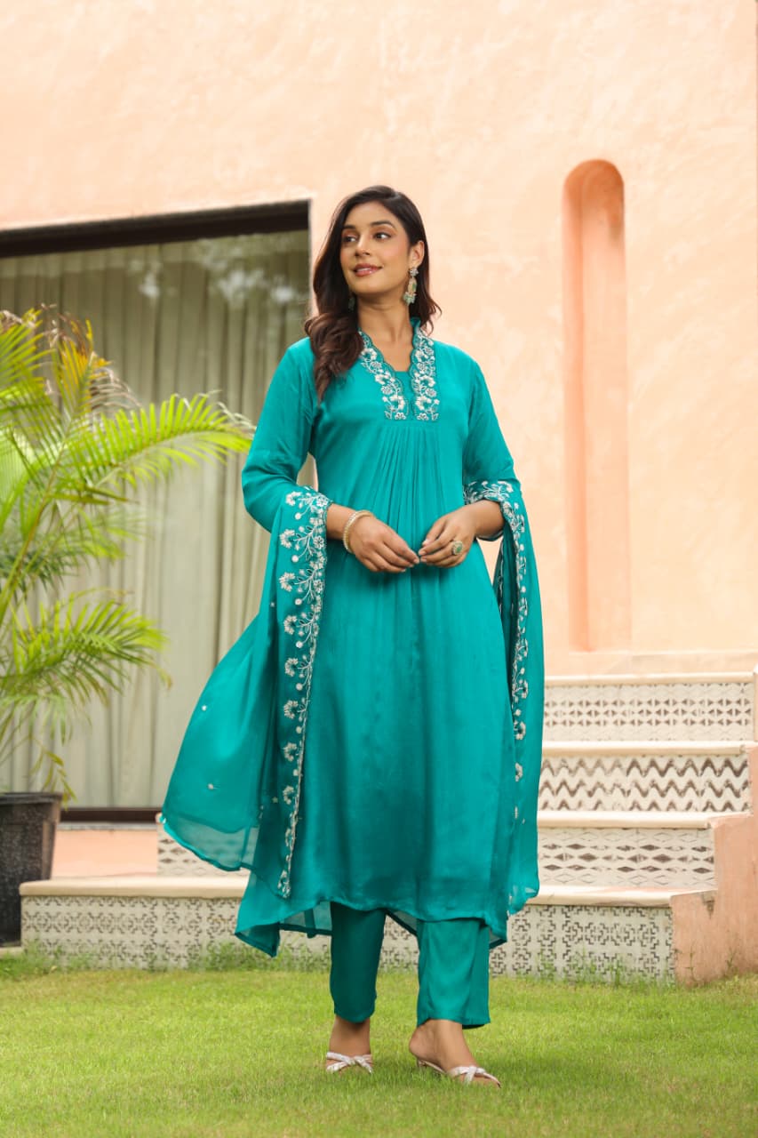 Blue Pure chinon Aline suit with pearl handwork
