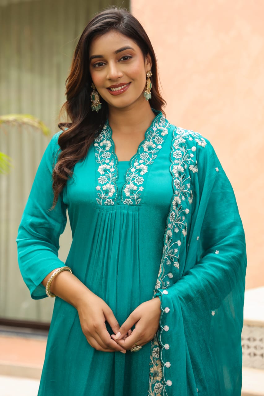 Blue Pure chinon Aline suit with pearl handwork