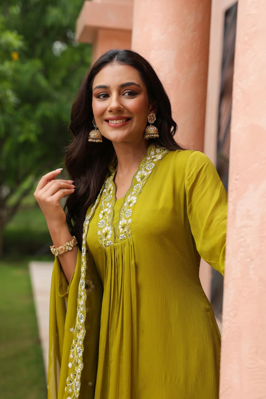 Green Pure chinon Aline suit with pearl handwork