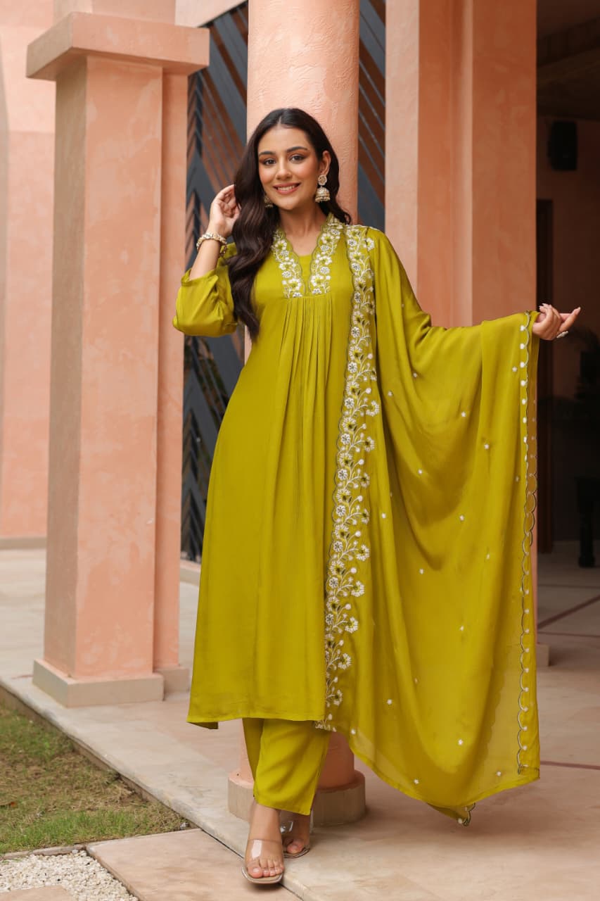Green Pure chinon Aline suit with pearl handwork