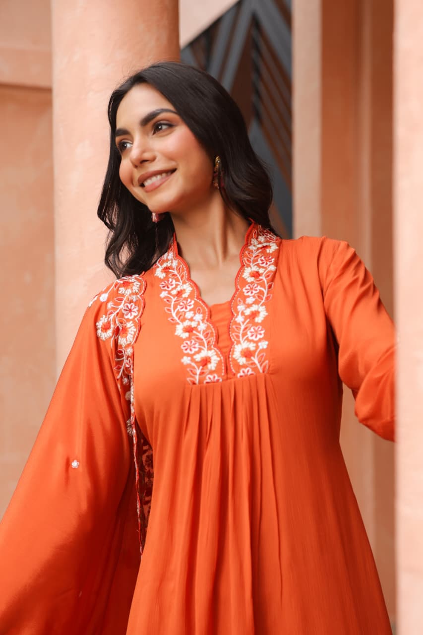 Rust Pure chinon Aline suit with pearl handwork
