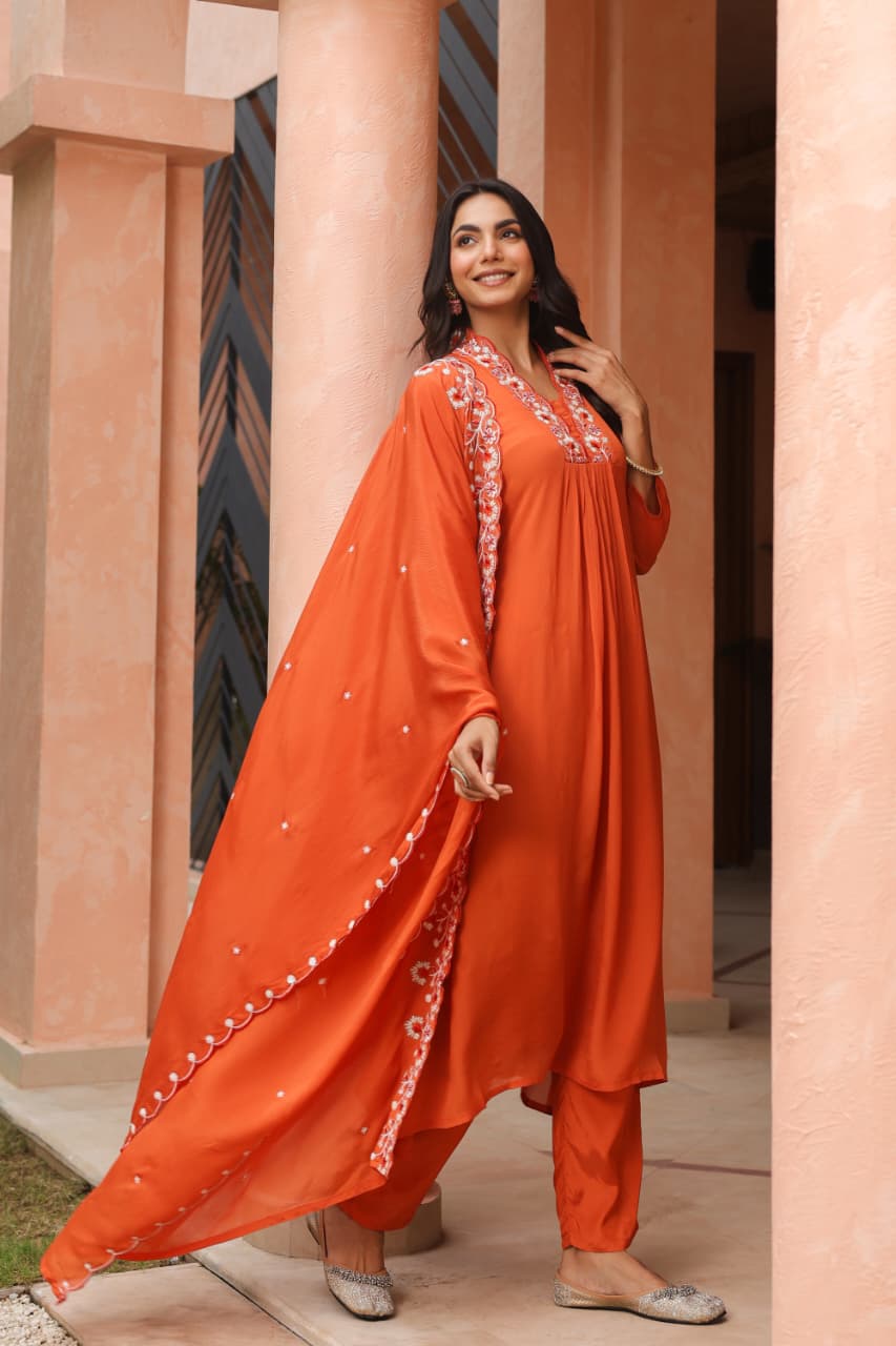 Rust Pure chinon Aline suit with pearl handwork