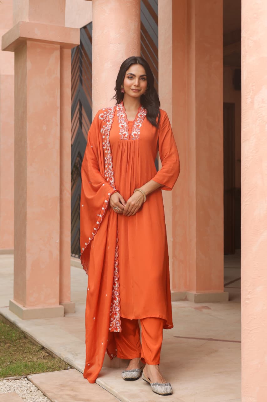 Rust Pure chinon Aline suit with pearl handwork