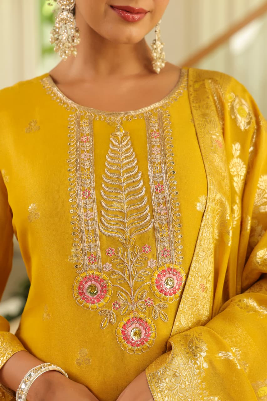 Yellow Pure banaras organza silk with cotton lining suit