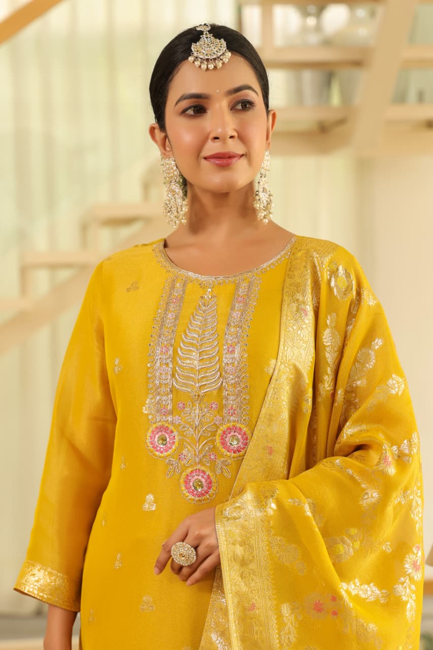 Yellow Pure banaras organza silk with cotton lining suit