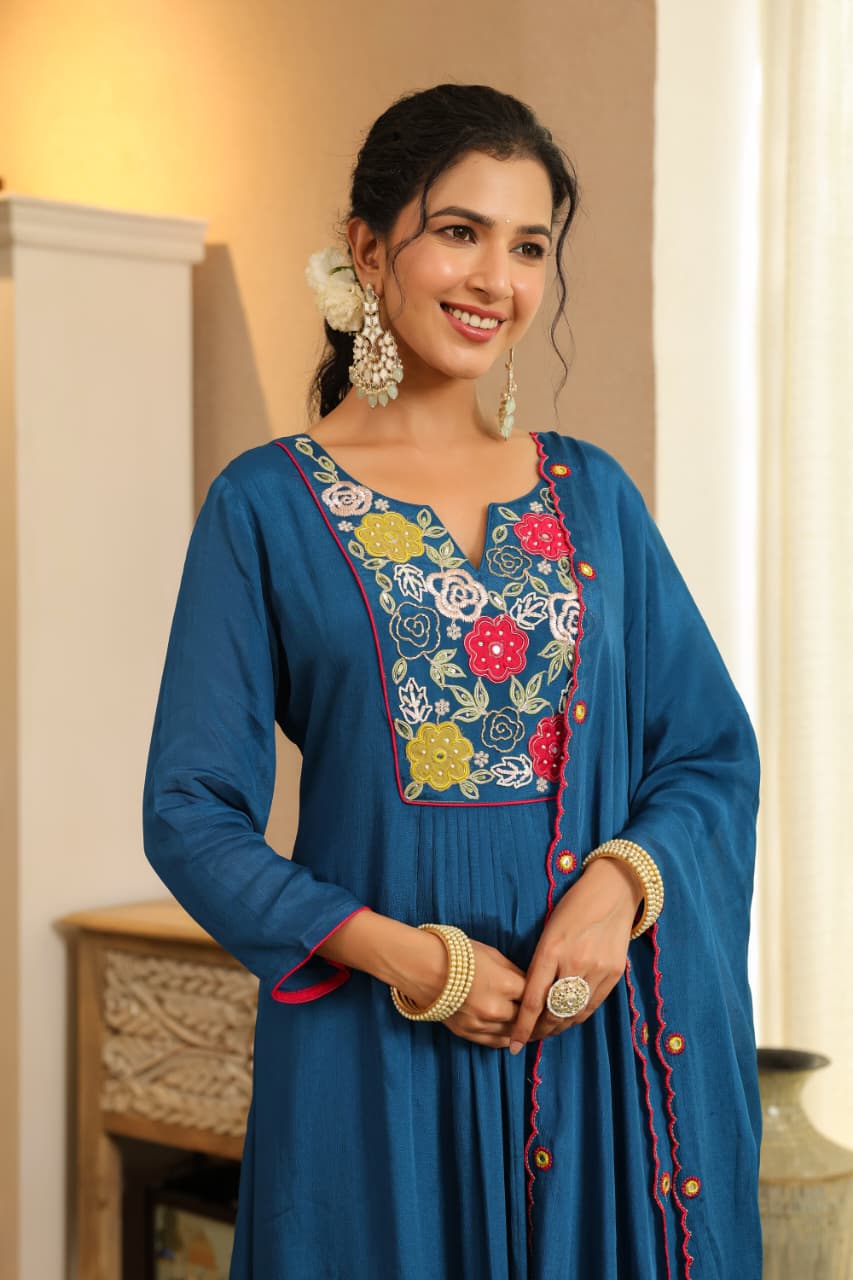 Blue Chinon appliqué with handwork Anarkali suit