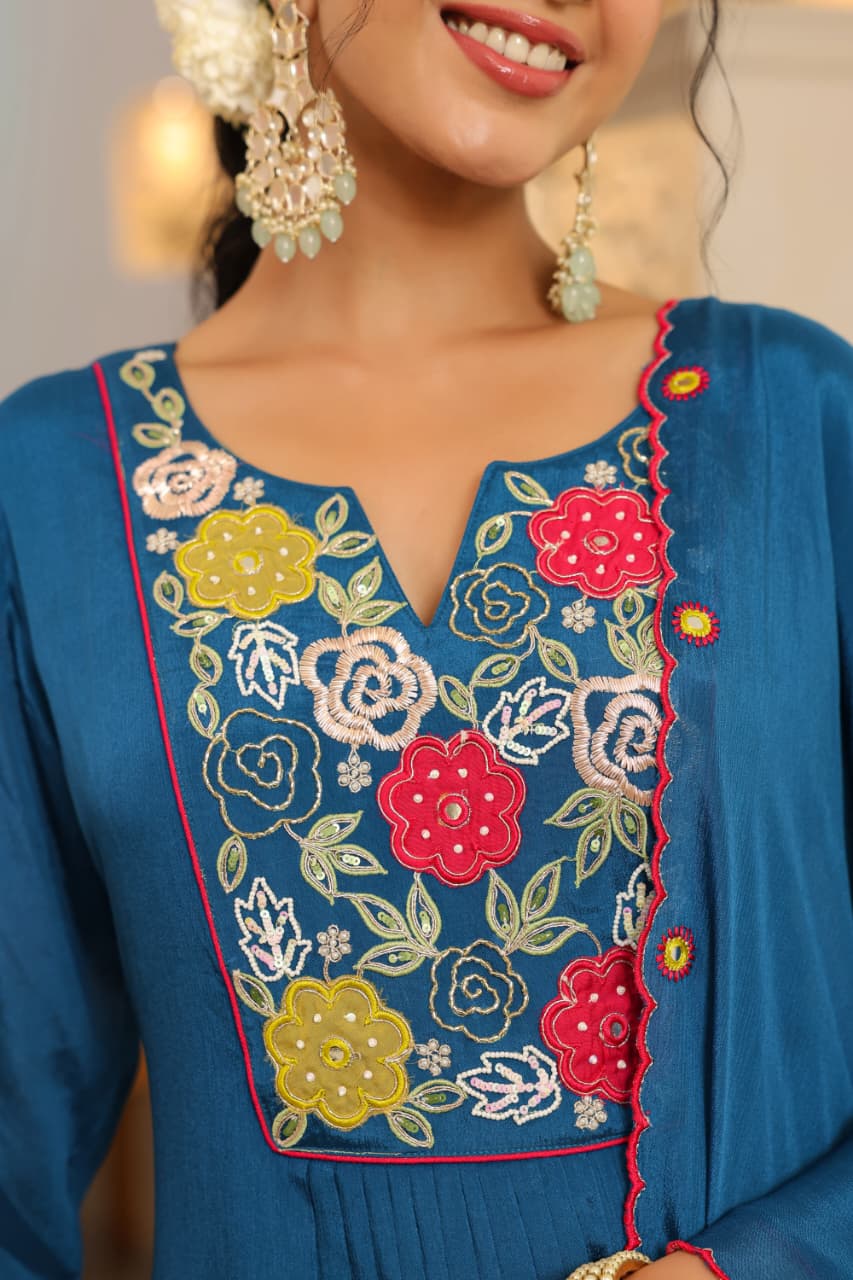 Blue Chinon appliqué with handwork Anarkali suit