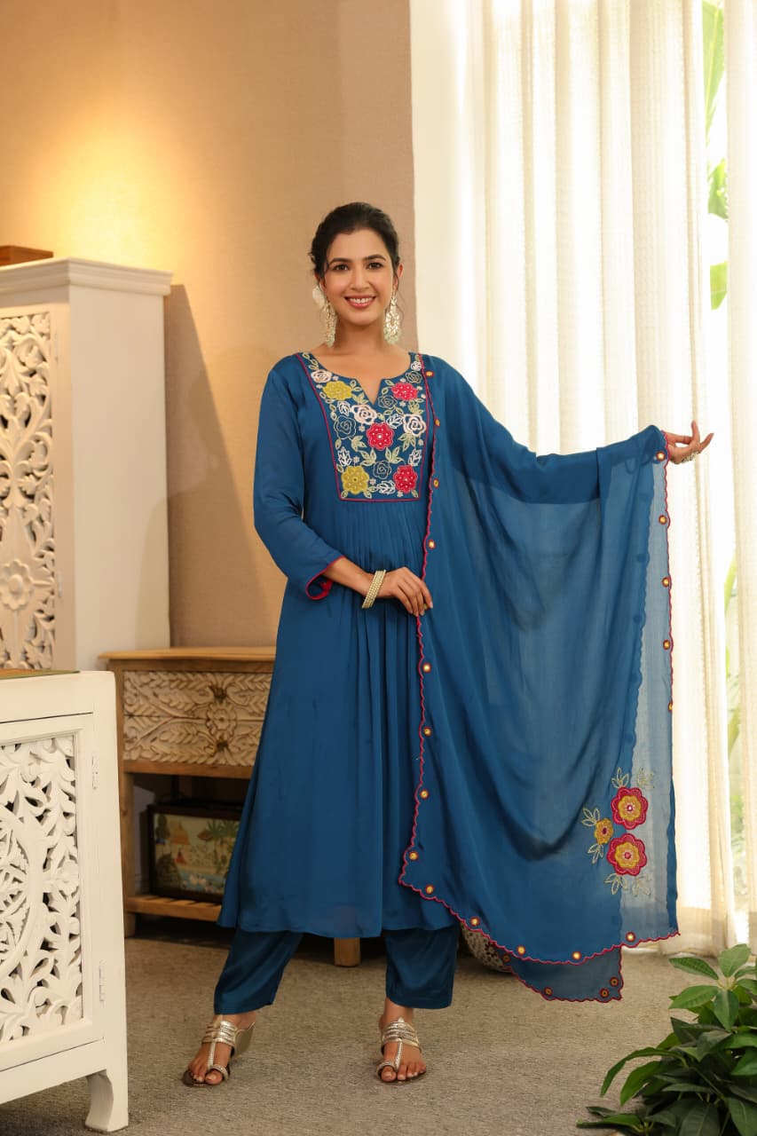 Blue Chinon appliqué with handwork Anarkali suit
