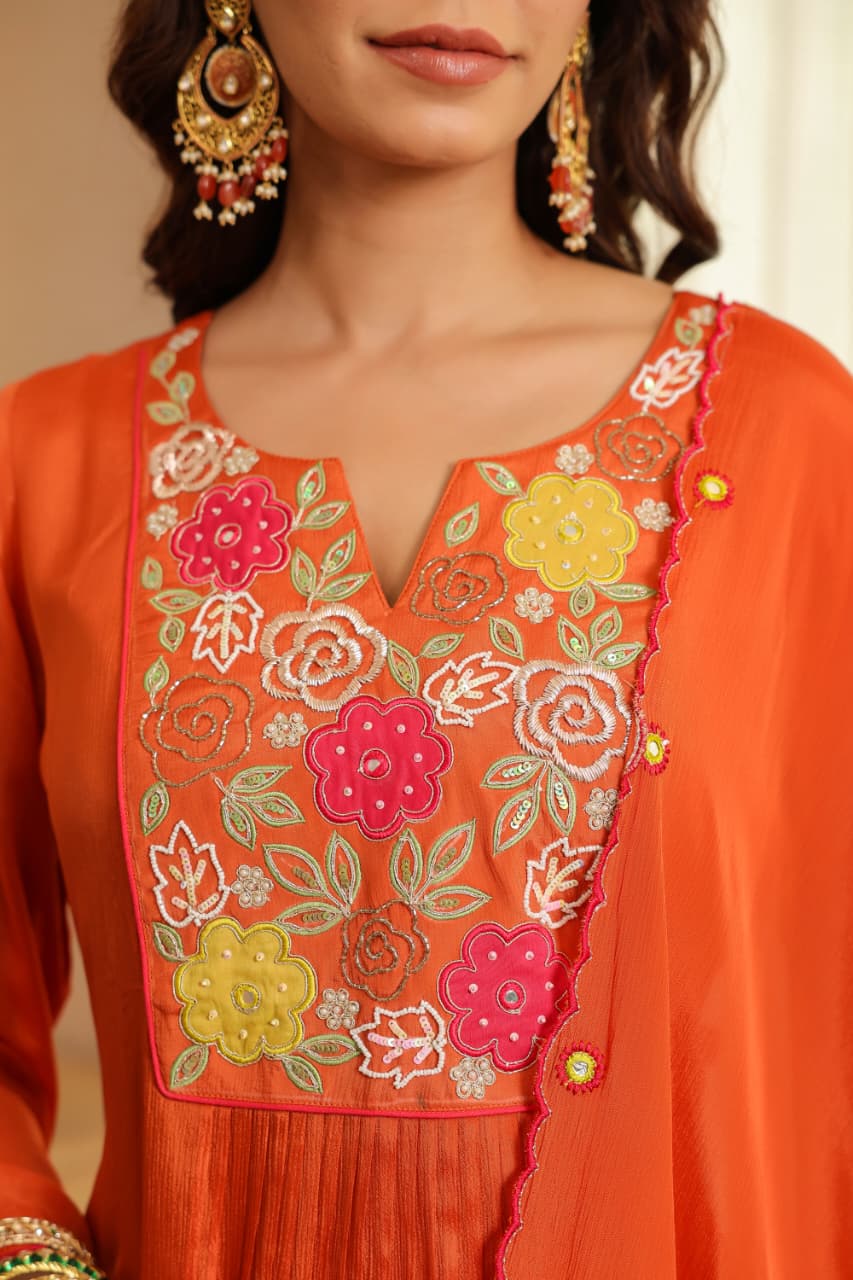 Rust Chinon appliqué with handwork Anarkali suit