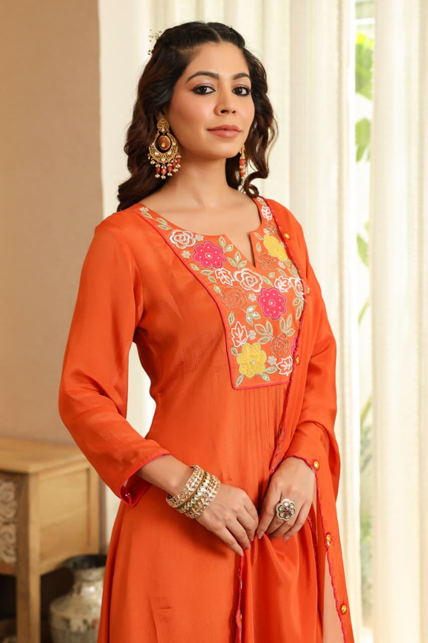 Rust Chinon appliqué with handwork Anarkali suit