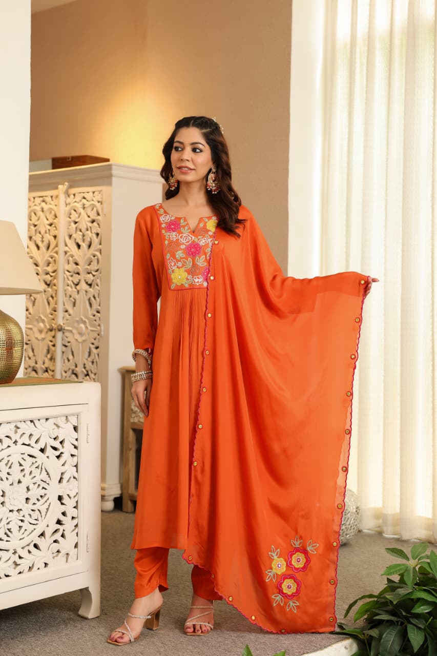 Rust Chinon appliqué with handwork Anarkali suit