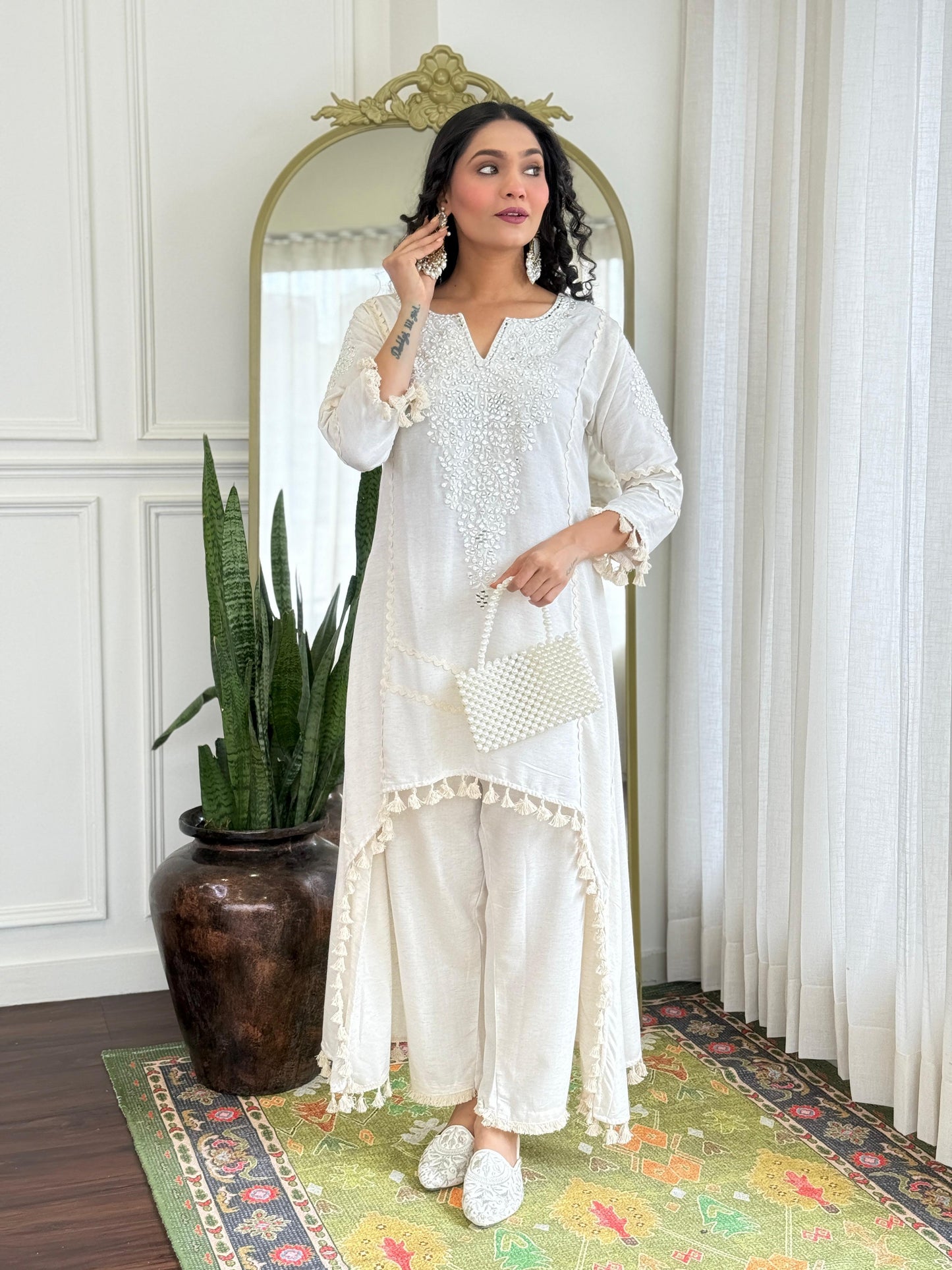 Cotton fed high low kurta pants with real mirror work