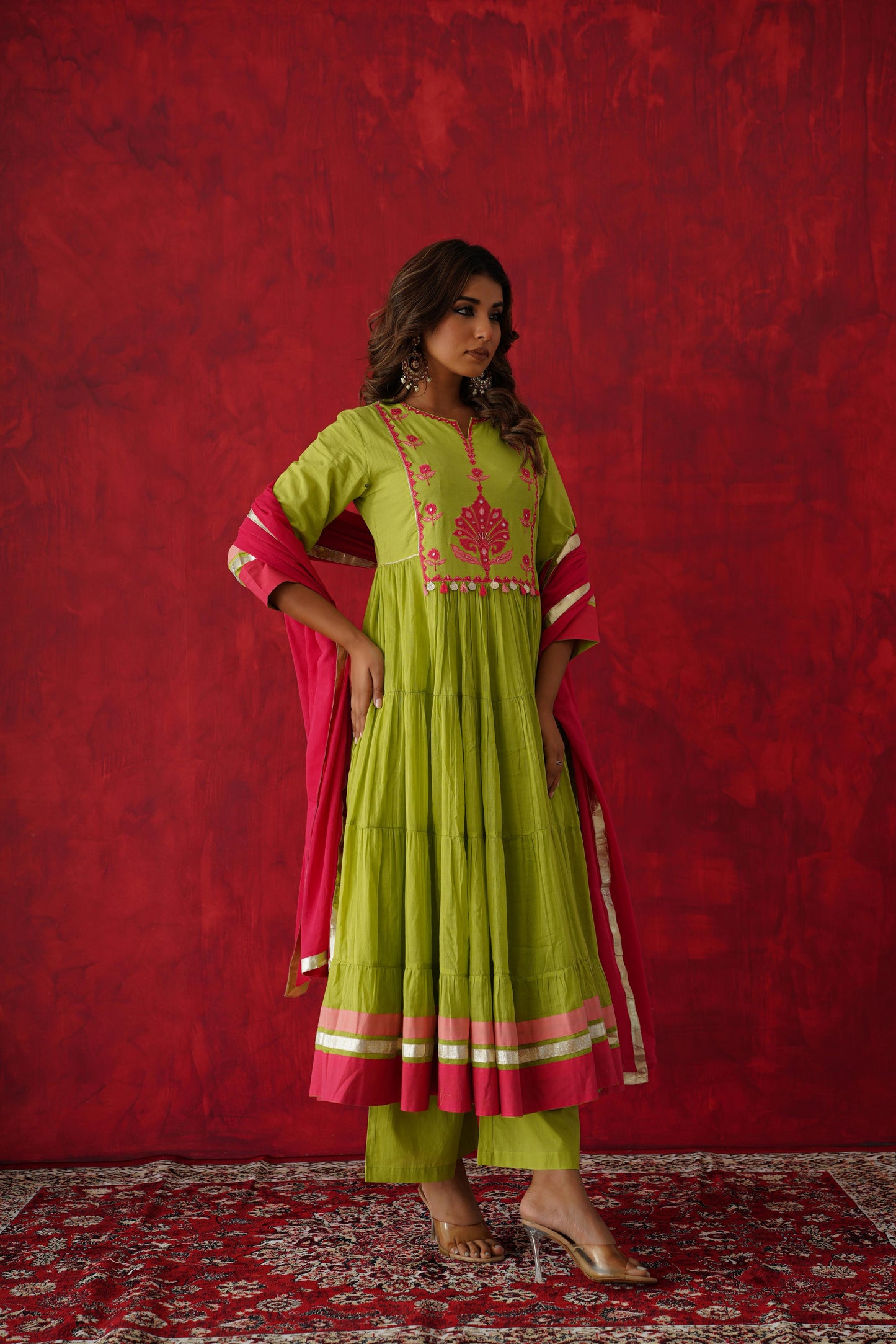 Pure green mul cotton Anarkali with real mirror embroidery