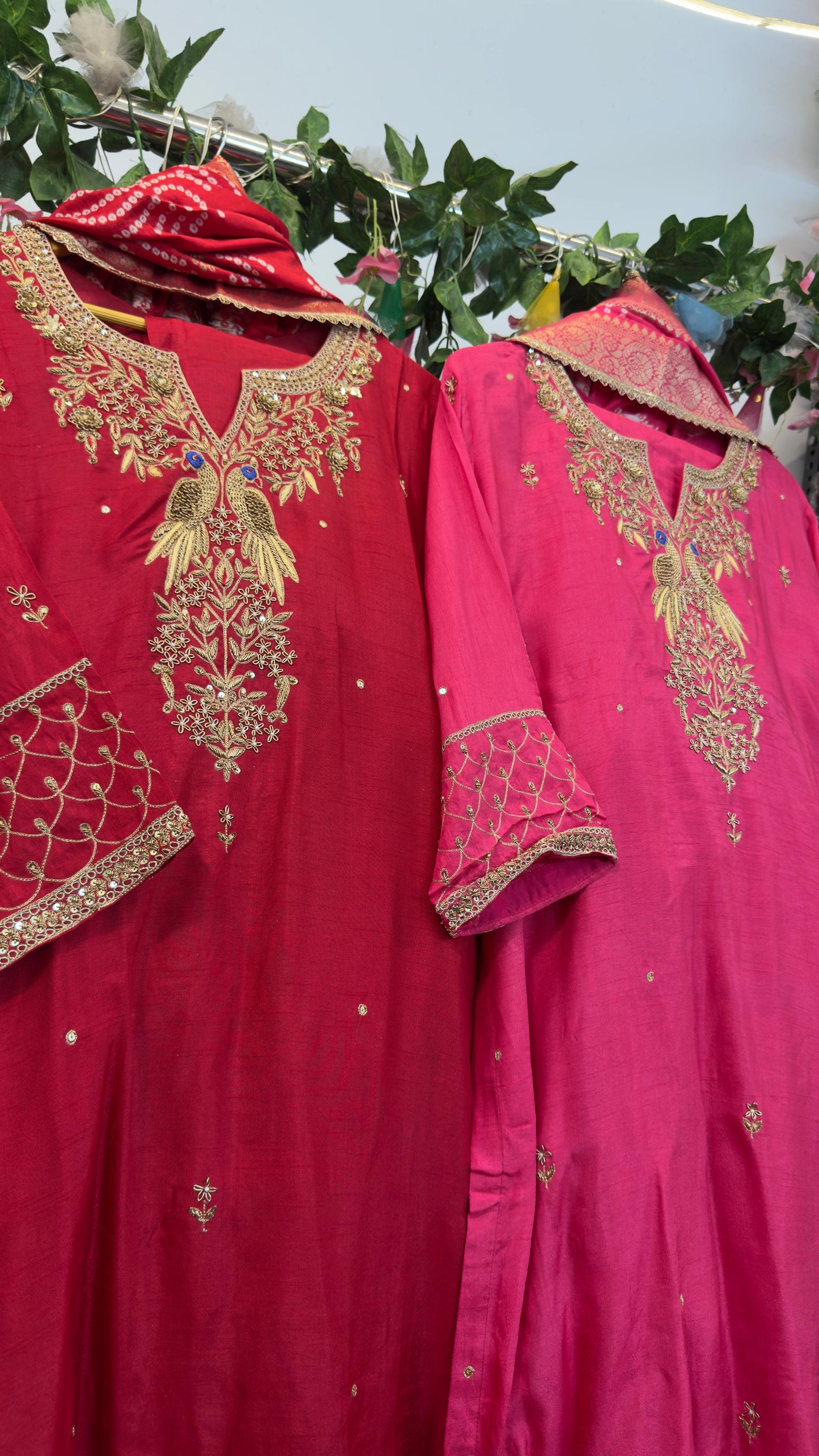 Pure silk suit with zardozi kaam with full banaras dup and silk pants