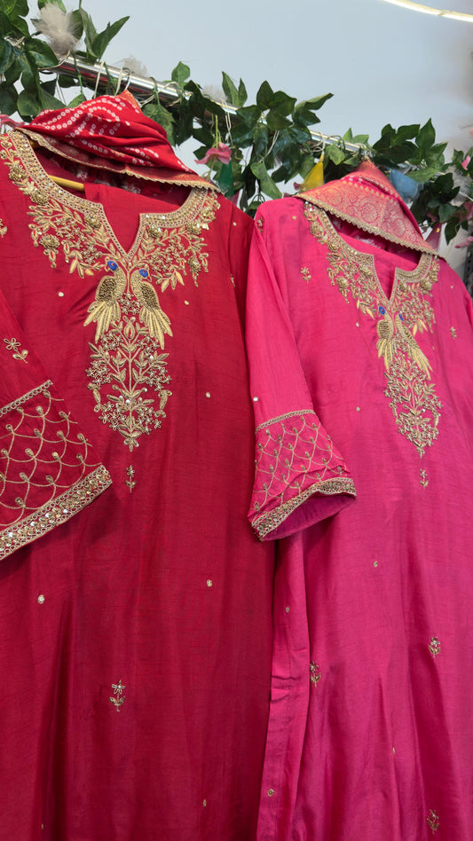 Pure silk suit with zardozi kaam with full banaras dup and silk pants