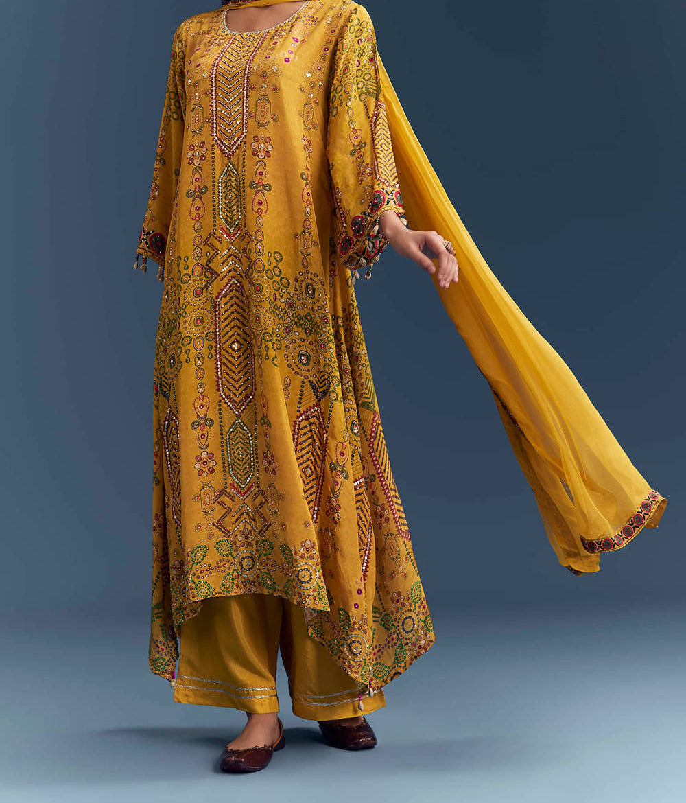 Yellow Pure natural crepe Aline suit length 47 with chiffon Dupatta and Santoon silk bottom