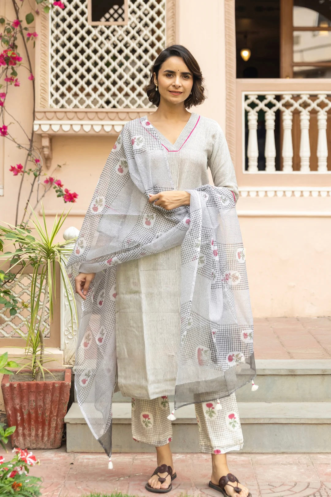CHANDERI SILK STRIPES BLOCK PRINT KURTA SET IN SHADES OF IVORY & GREY