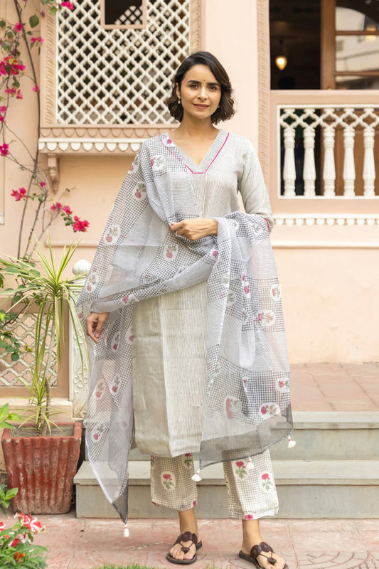 CHANDERI SILK STRIPES BLOCK PRINT KURTA SET IN SHADES OF IVORY & GREY