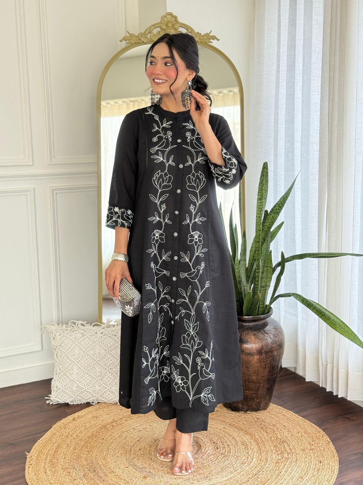 Black cotton embroidery kurta pant