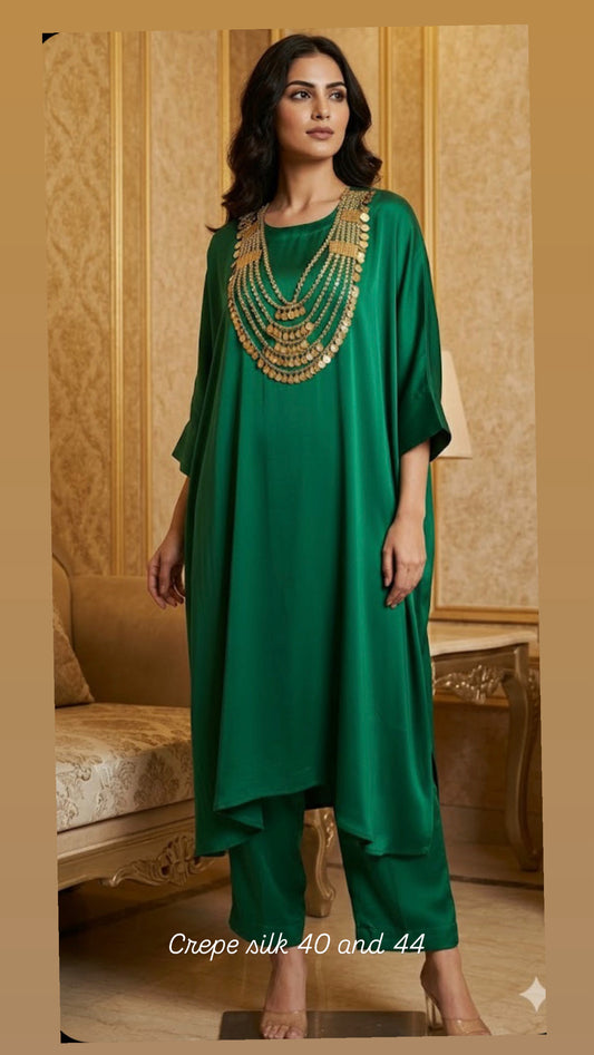 Beautiful neck detailing kaftan style Co ord in gajji silk fabric