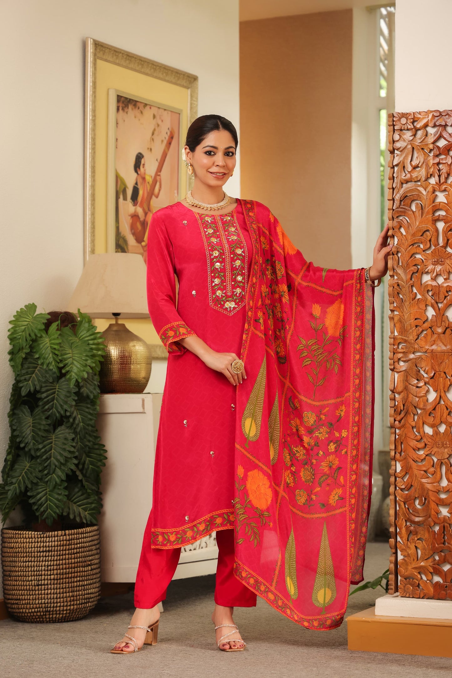 Pink pure crepe suit with chiffon Dupatta and muslin pants