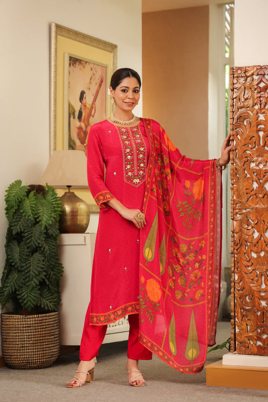 Pink pure crepe suit with chiffon Dupatta and muslin pants