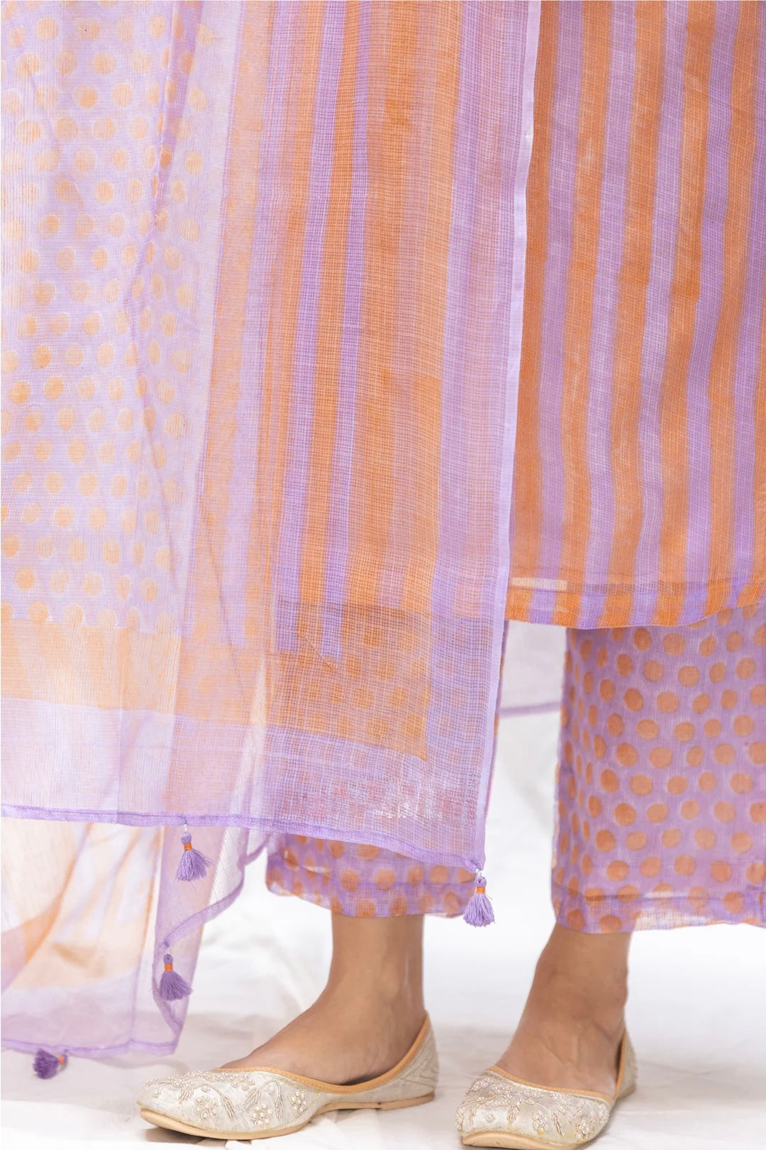KOTA DORIA STRIPE BLOCK PRINT KURTA SET IN SHADES OF SWEET PEACH & LAVENDER
