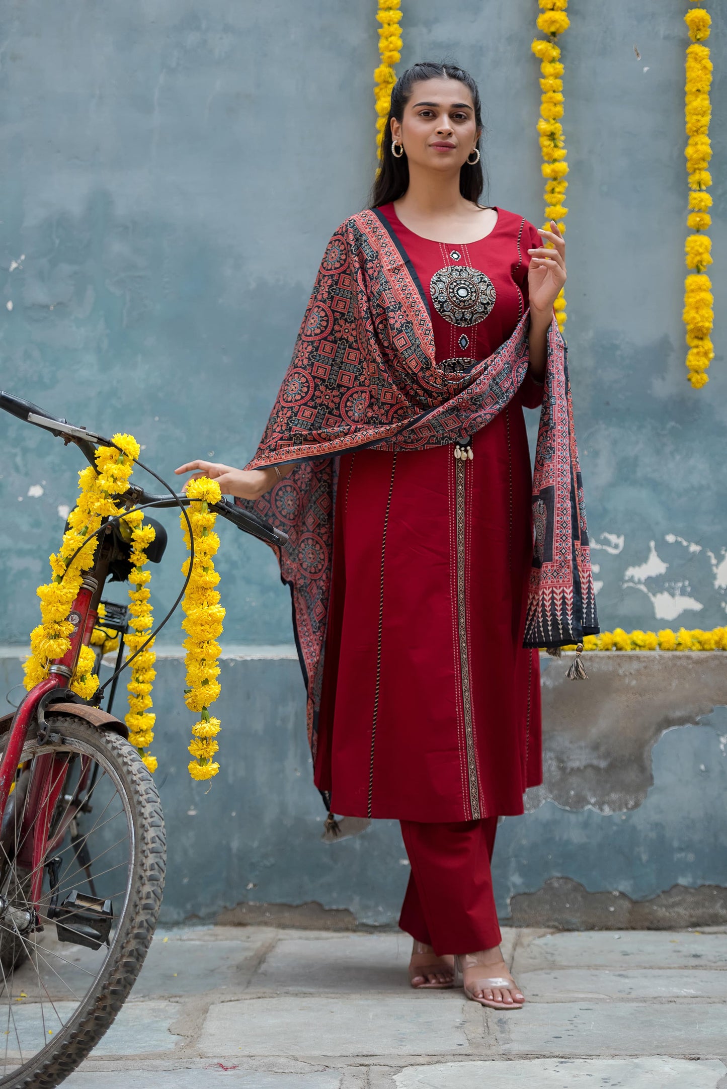 Kutch maroon handling cotton kurta pant with Ajrakh dupatta