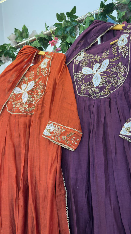 Appliqué u neck handwork mul chandari Aline suit