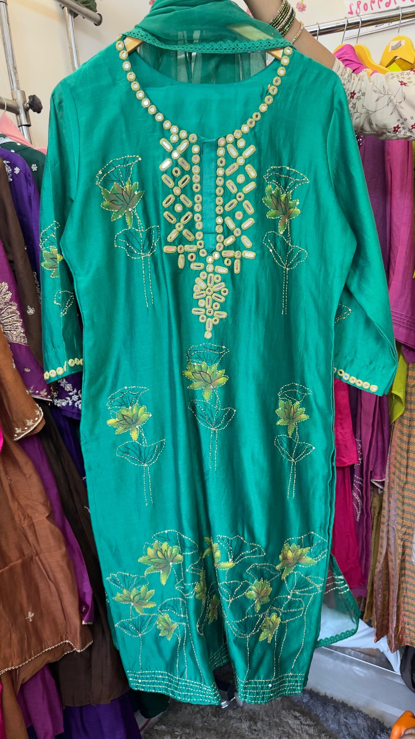 Chandari silk real mirror work suit