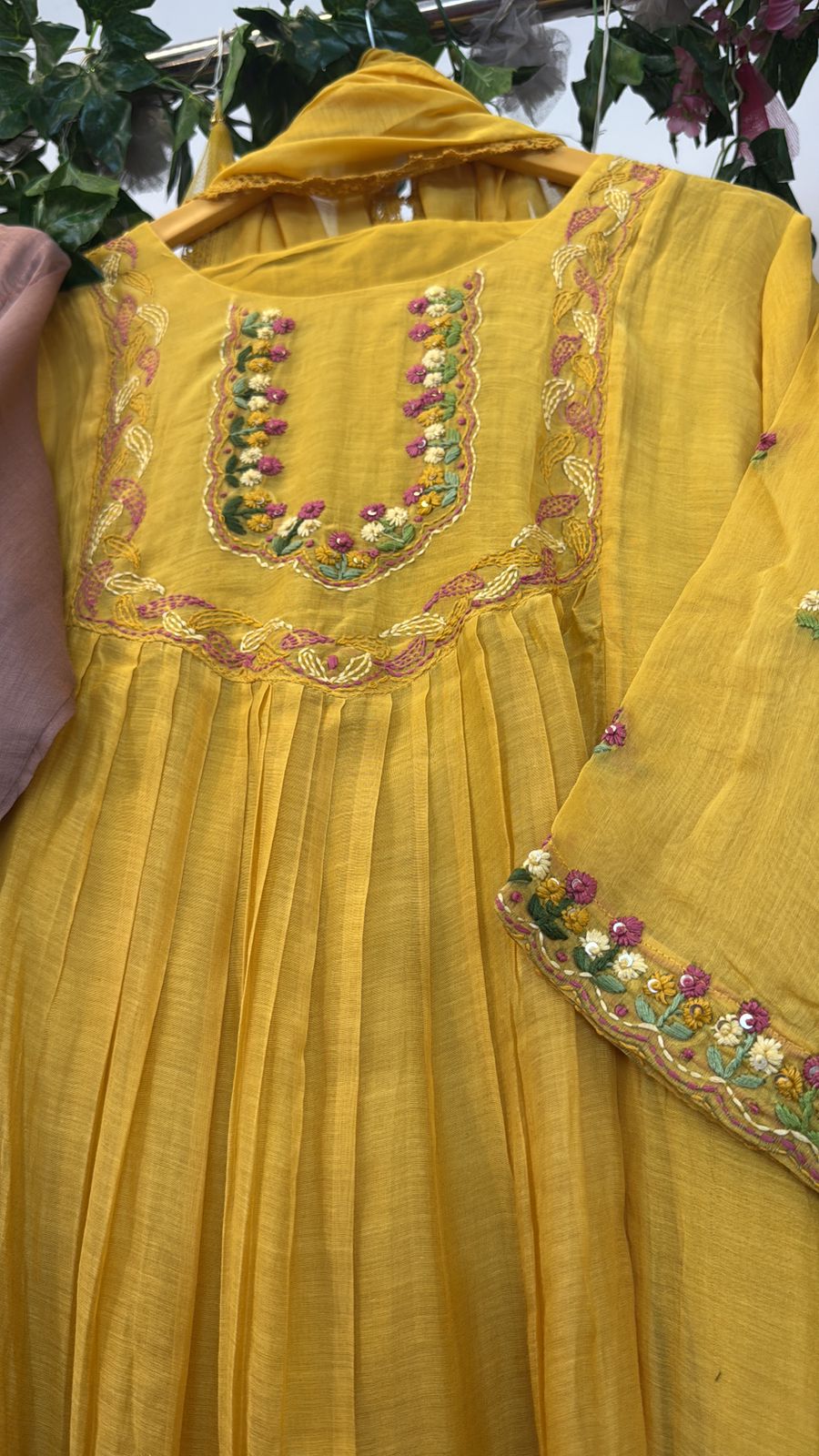 Classy embroidery mul chandari suit ( brown/yellow)