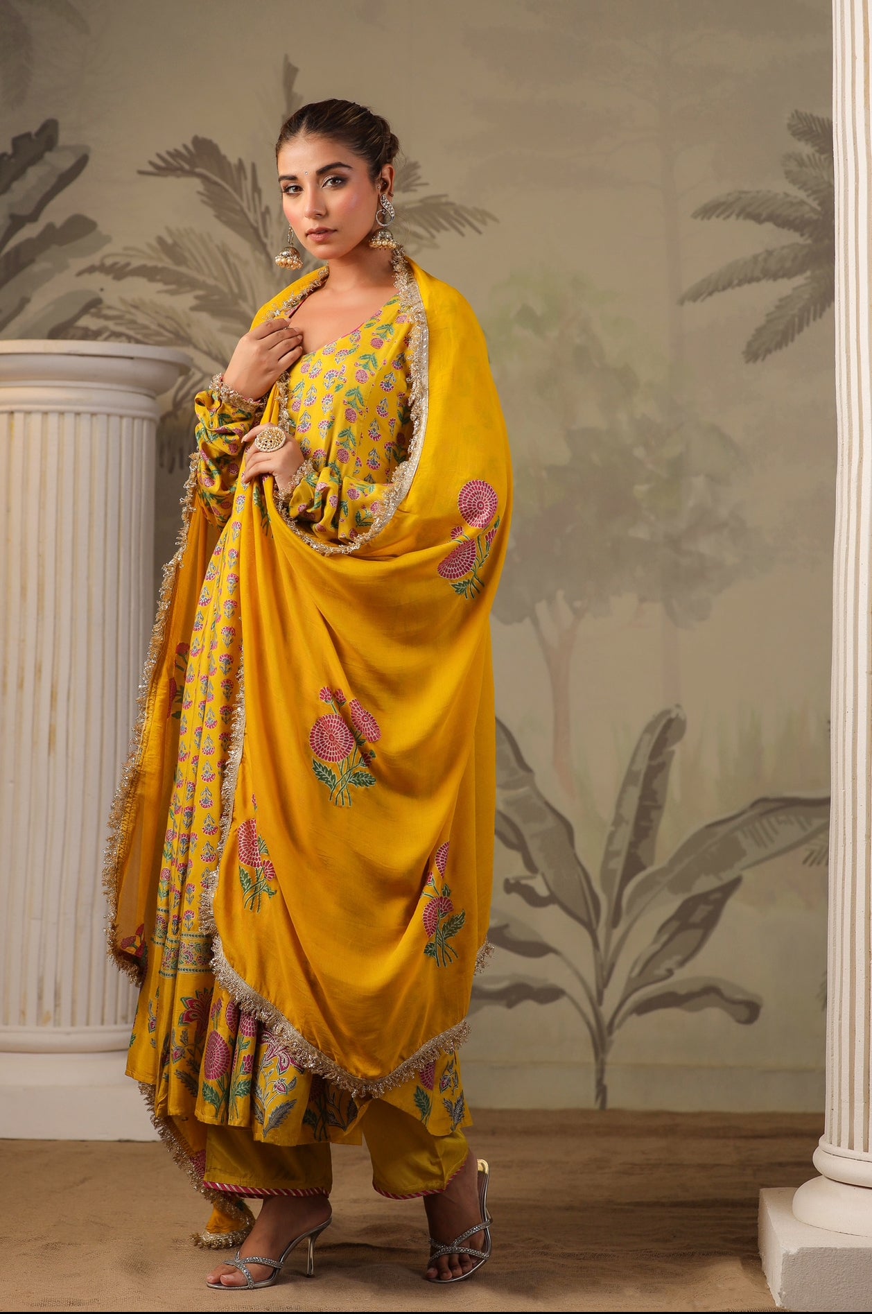 Yellow Block Print Mughal Print  Anarkali Suit