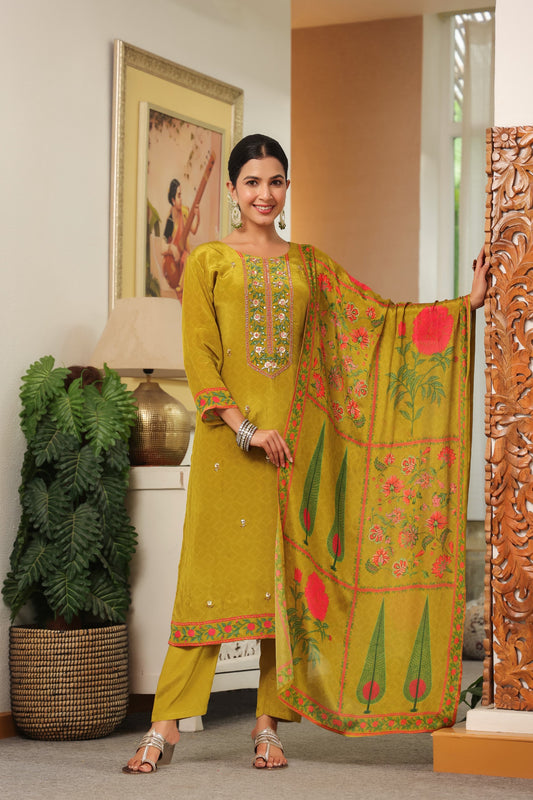 Green pure crepe suit with chiffon Dupatta and muslin pants