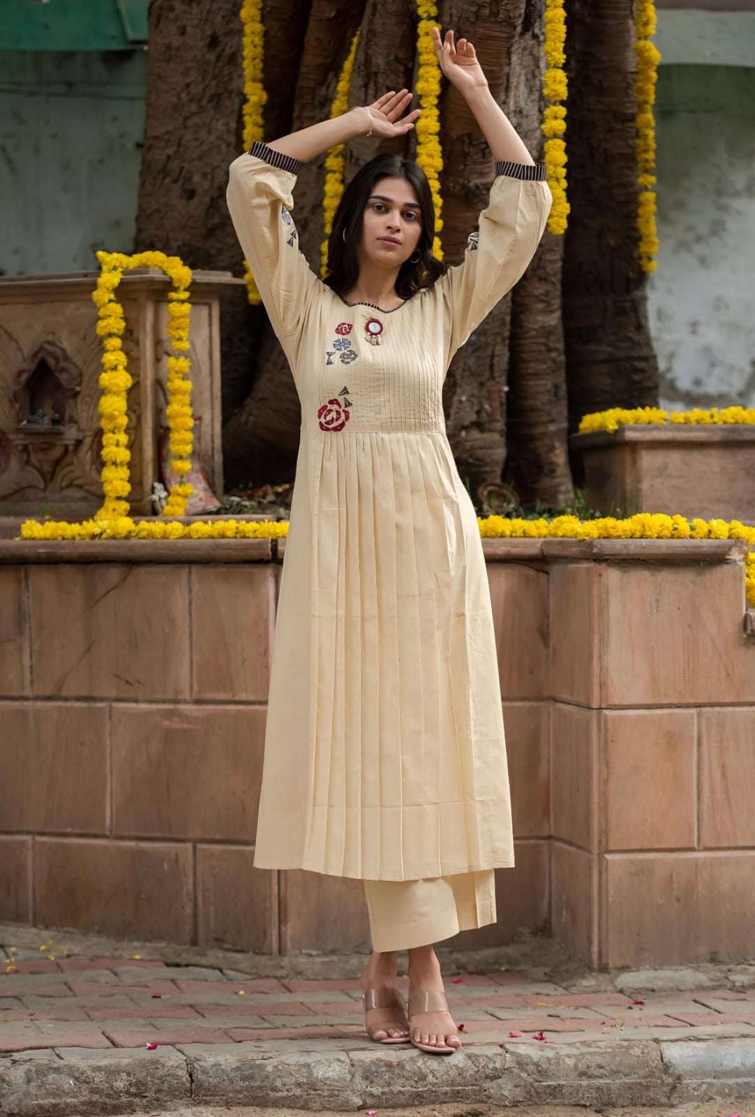 Embroidery ivory cotton kurta plazoo set