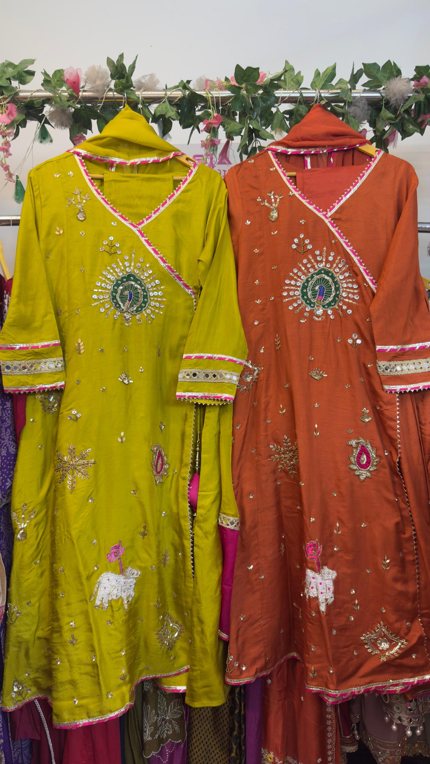 Silk angrakh peocoak anrakali with gota detailing paired with organza dup & silk pants