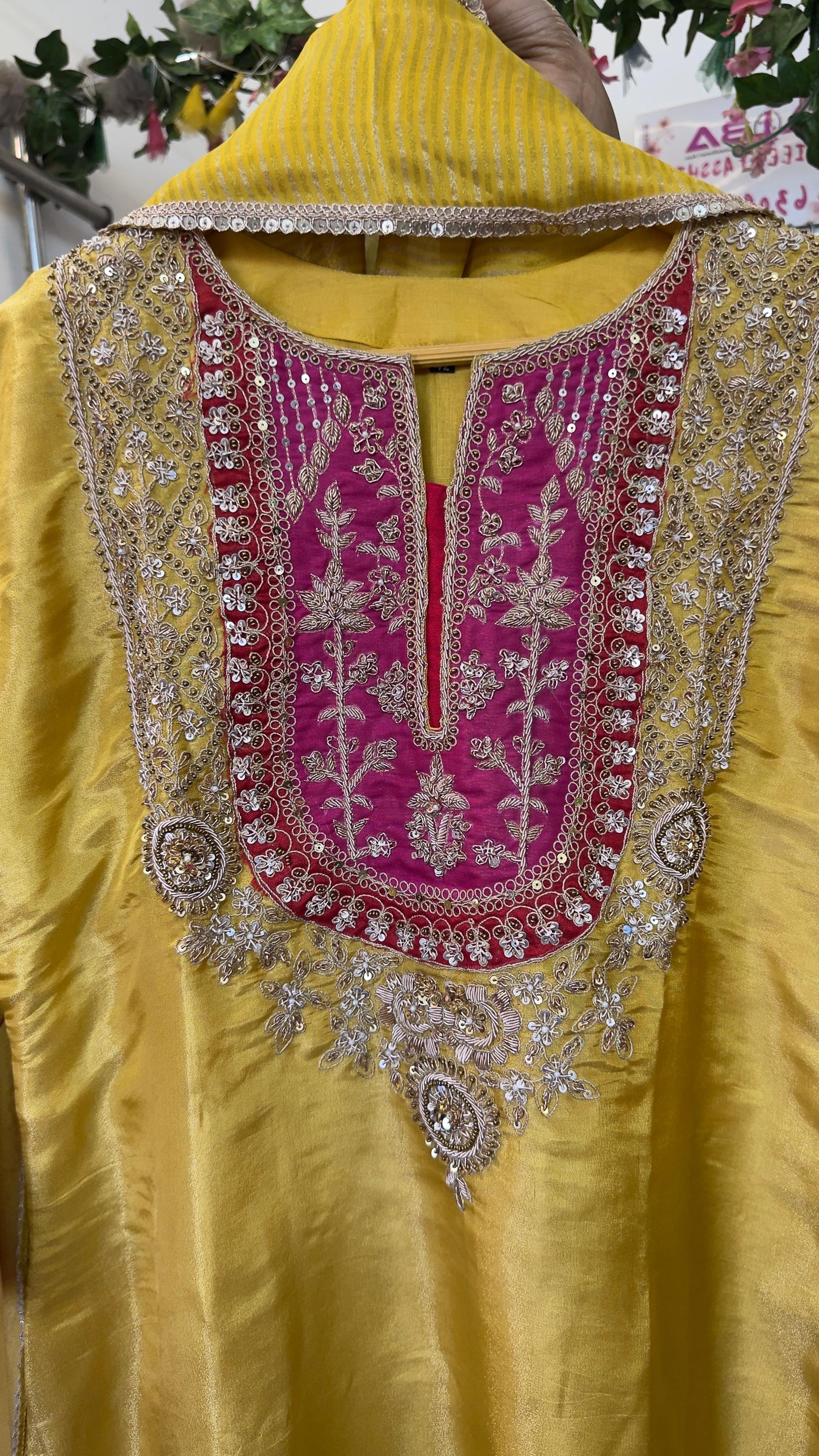 Beautiful work with ethnic colour in tissue fabric kurta dup with crepe divider set