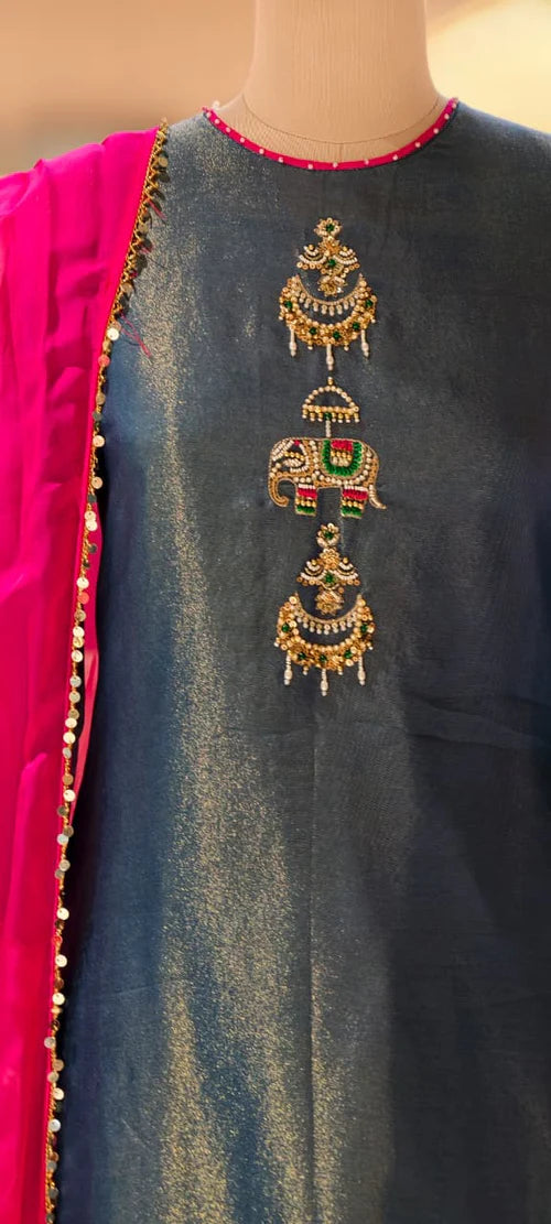 Jewel blue elephant handwork premium tissue suit with organza Dupatta & tulip pants