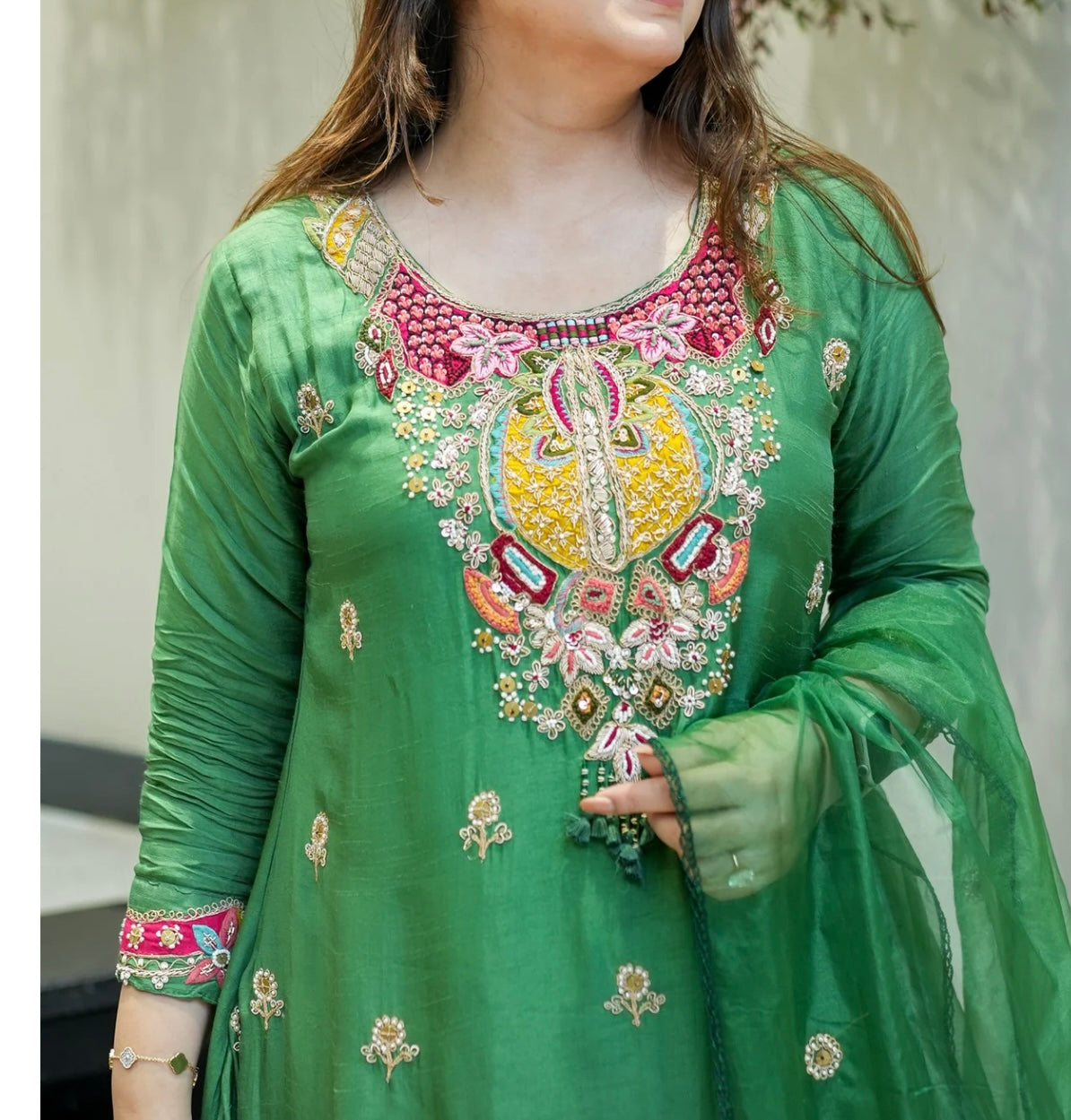 Short appliqué premium silk Anarkali suit with organza Dupatta