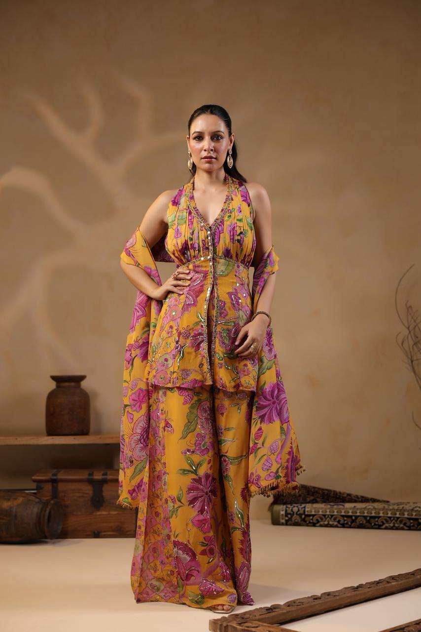 Mustard Georgette Floral Printed Mirror Embellished Suit Set