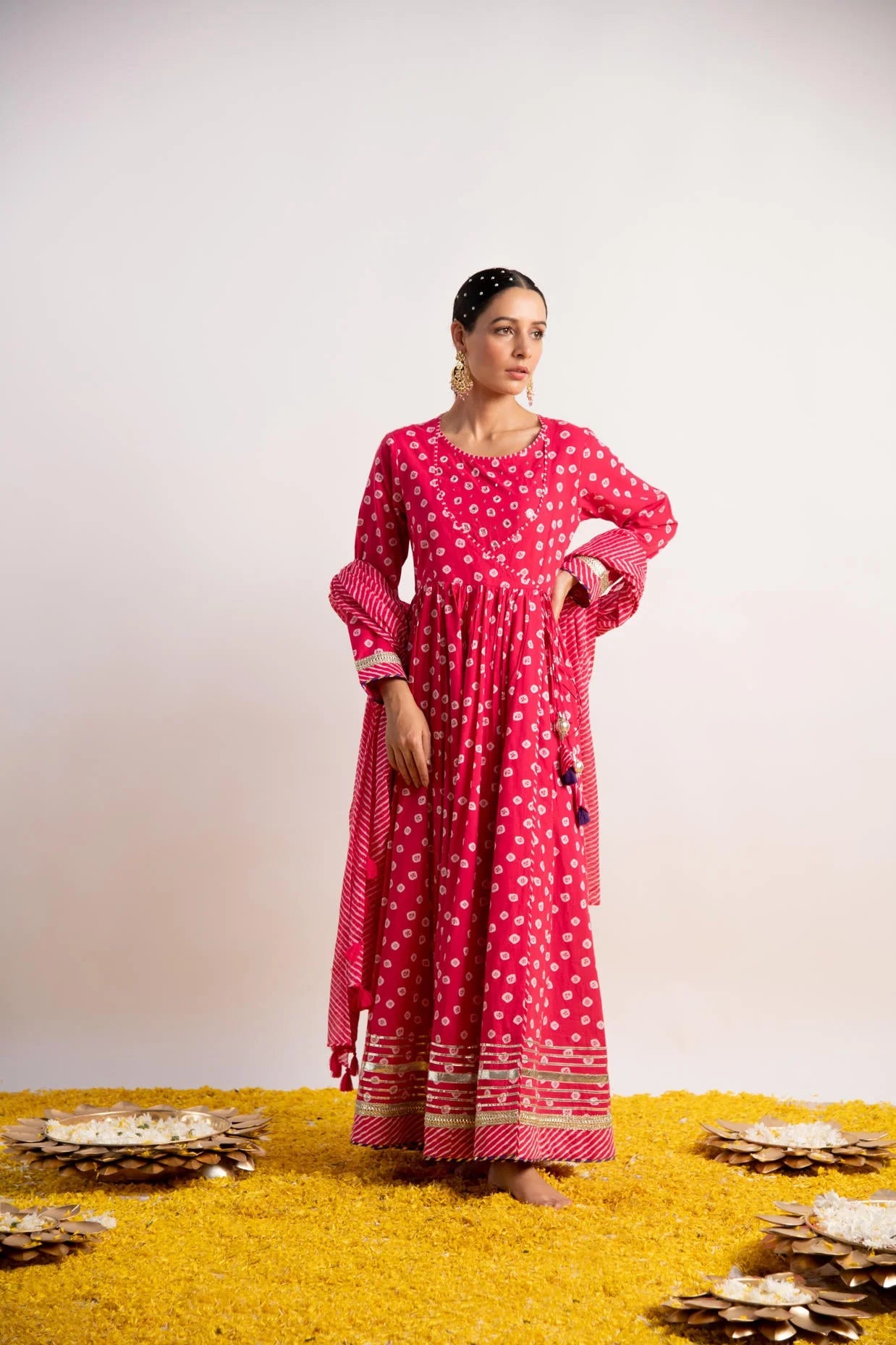 Pink Bandhani Print Kalidaar Dress with Dupatta