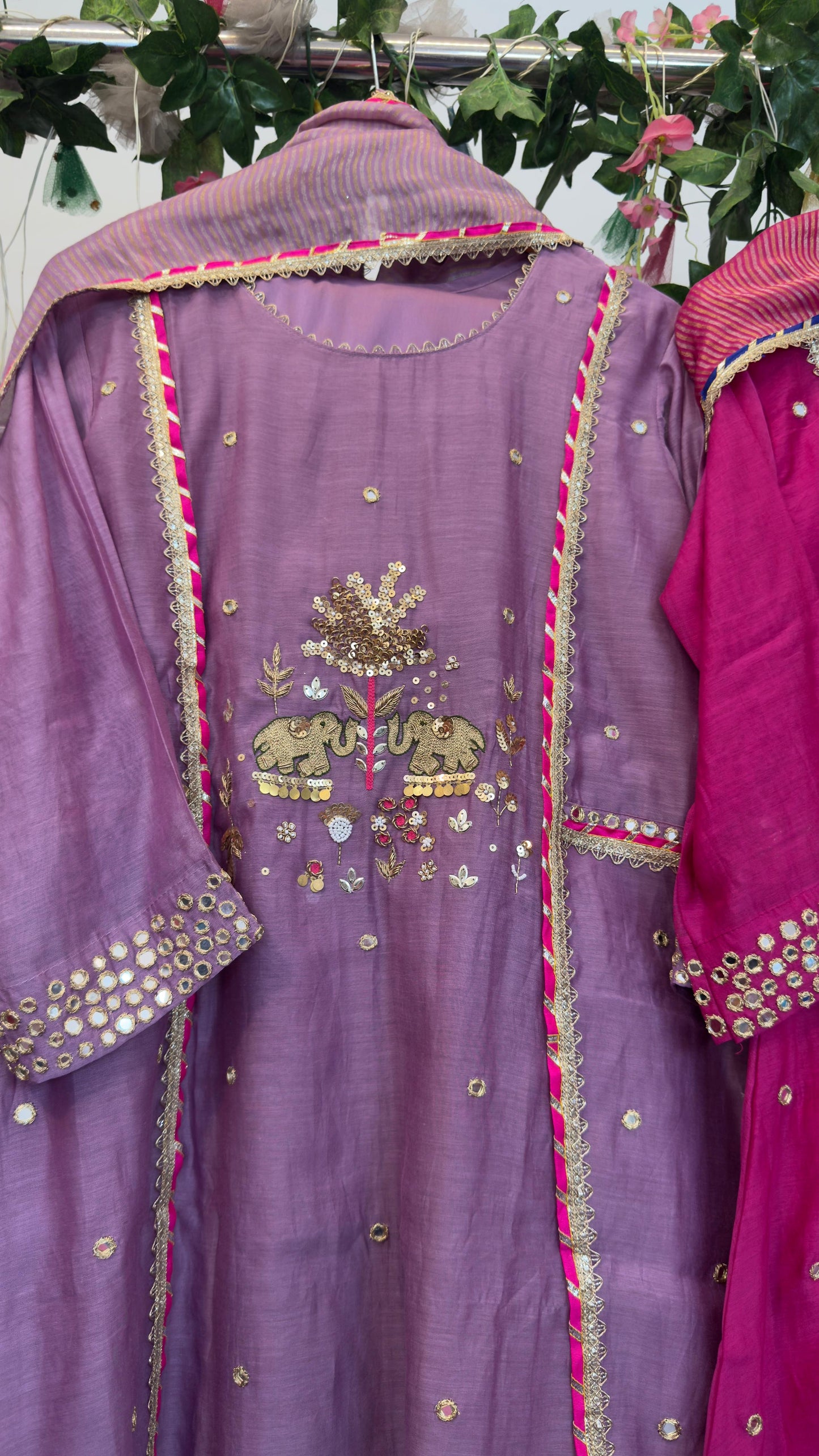 Elephant and real mirror hand work mul chandari suit