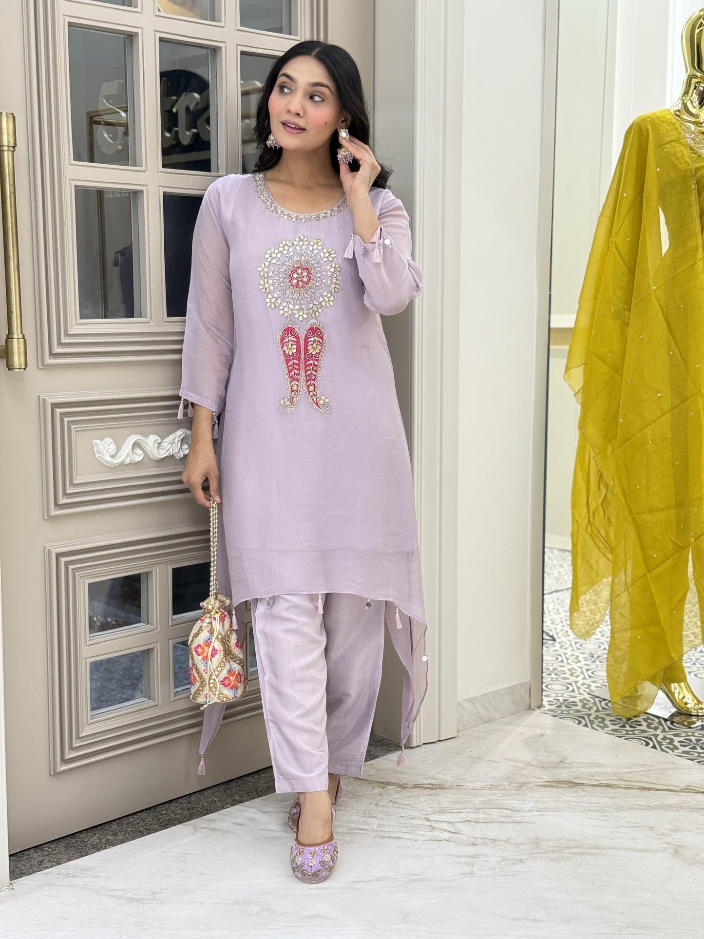 Lavender organza top with handwork with Santoon silk pants
