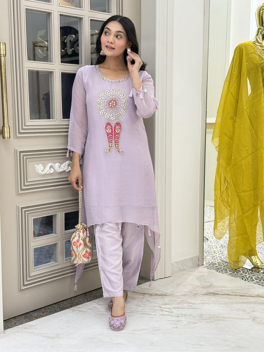 Lavender organza top with handwork with Santoon silk pants