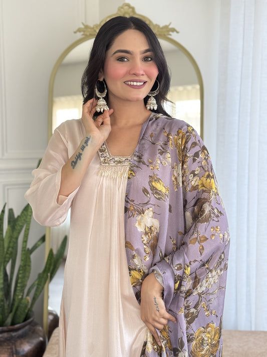 Ivory purple chinon Aline suit