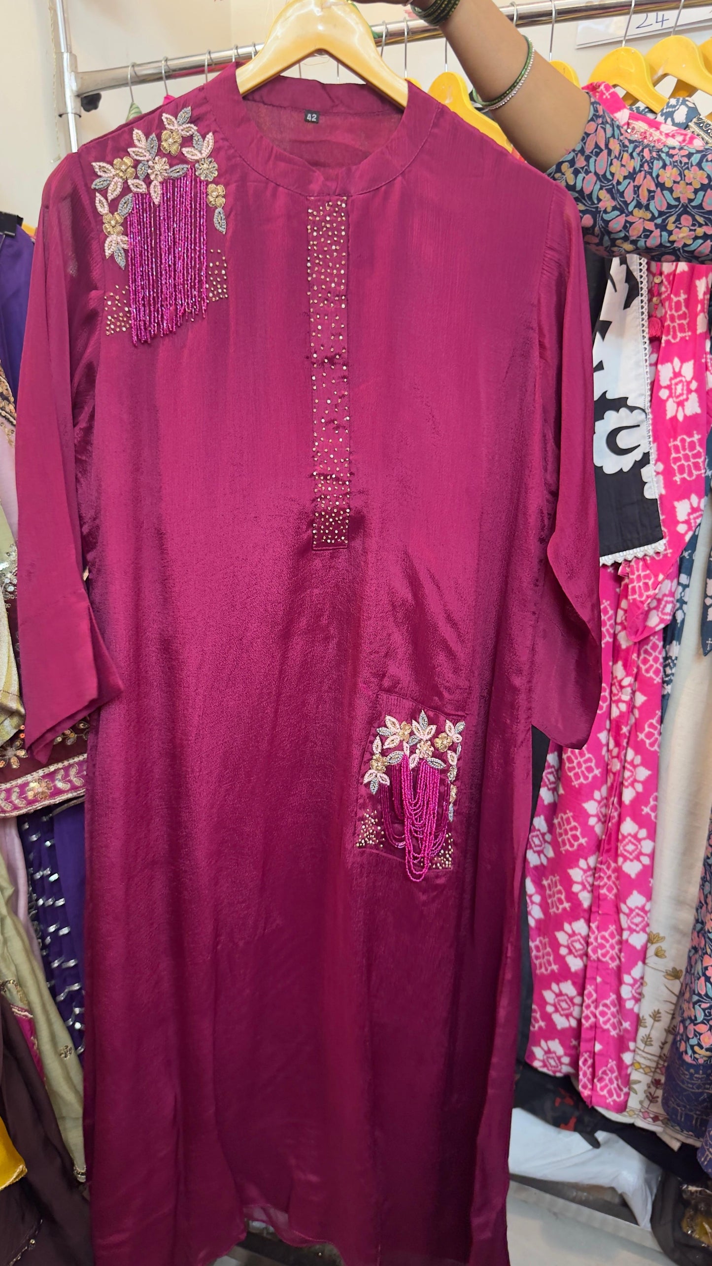 Pure chinon kurta pant set with beautiful work on shoulder & pocket