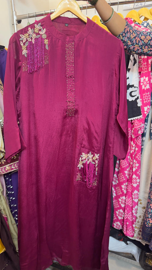 Pure chinon kurta pant set with beautiful work on shoulder & pocket