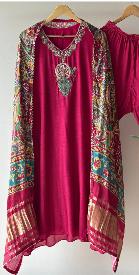 Beautiful rassberry Rani silk suit with Gajji dupatta
