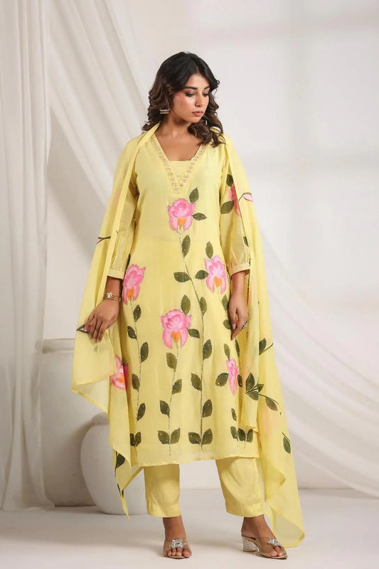 Yellow Hand printed mul chandari